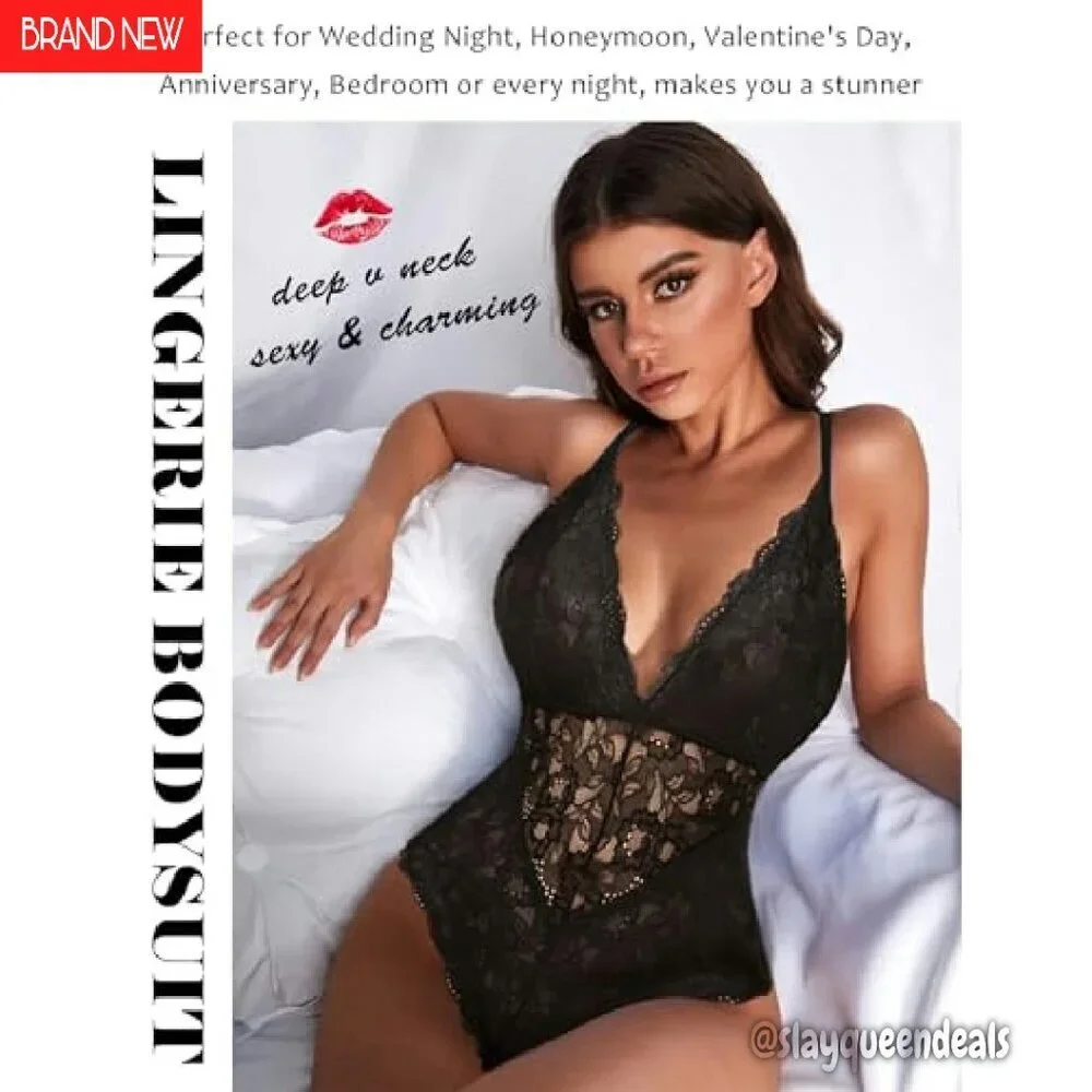 Snap Crotch Lace Bodysuit Deep V Teddy One Piece Lingerie